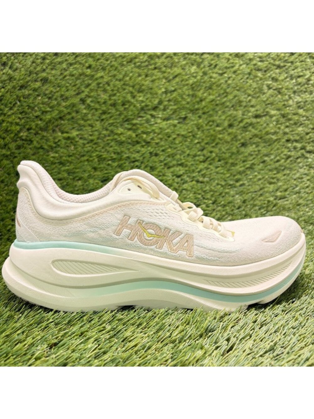 Hoka One One Bondi 9 Womens Size 9 Cream Blue Athletic Running Shoes Sneakers
